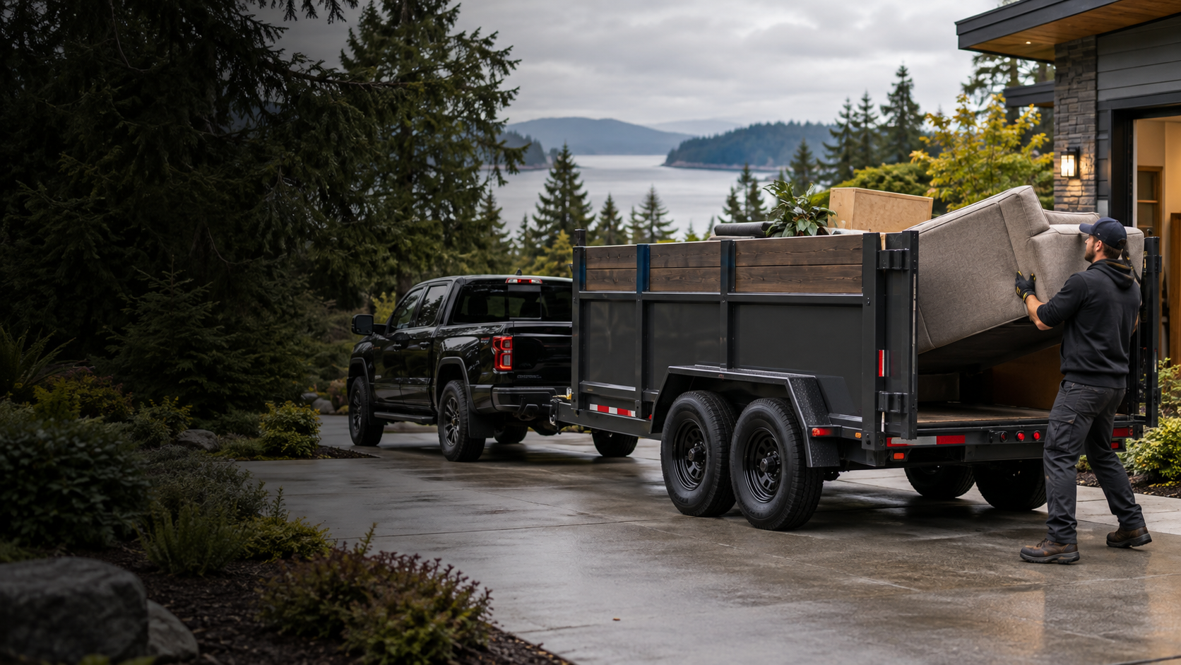 Professional junk removal crew loading a couch into a dump trailer